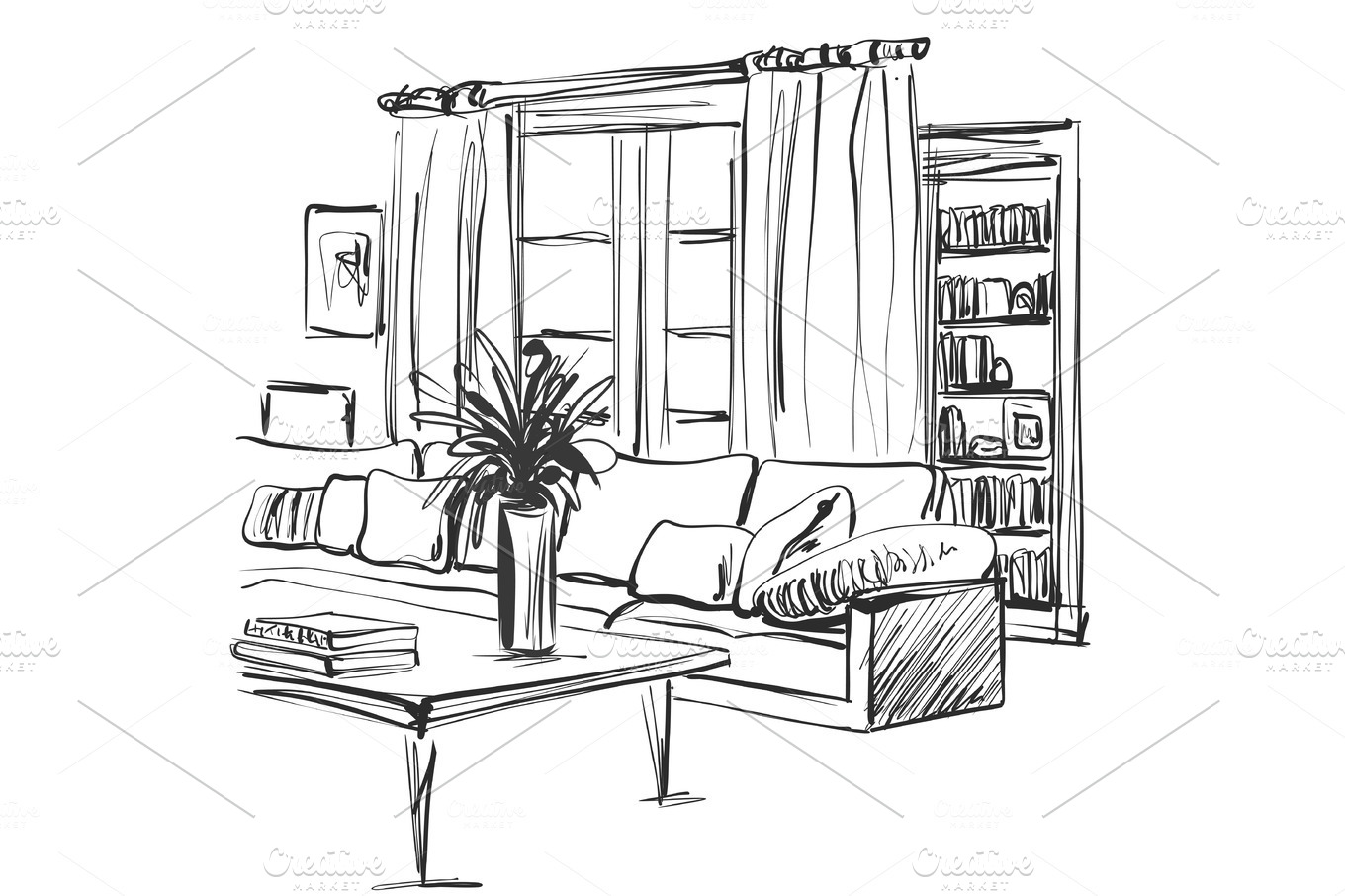 Hand Drawn Sketch Of Modern Living Room Interior With A Sofa Pillows Table Bookshelf And Pictures Pre Designed Illustrator Graphics Creative Market