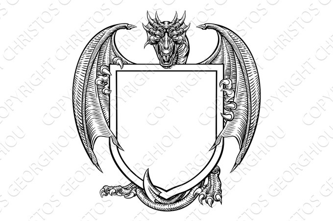 Dragon Crest Coat Of Arms Shield Heraldic Emblem 