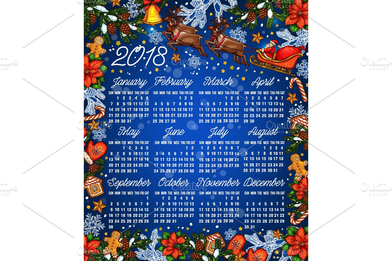 Christmas holiday 2018 year calendar template | Pre-Designed Illustrator Graphics ~ Creative Market