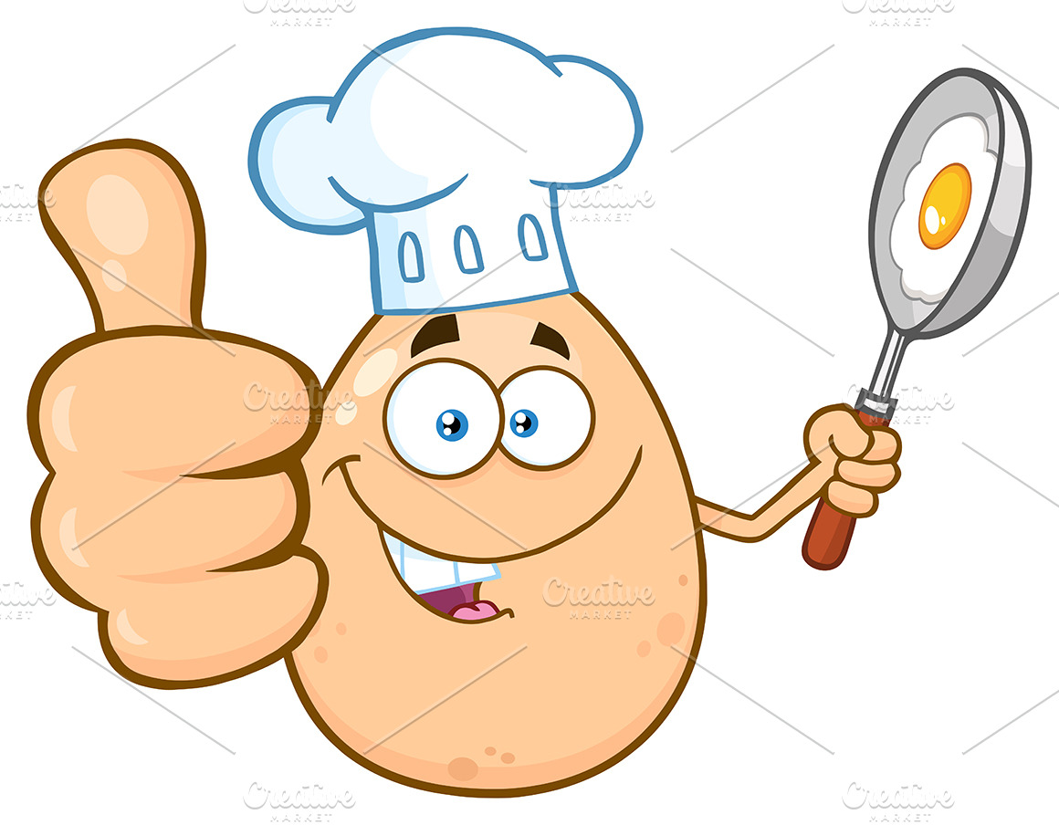 Egg Holding A Frying Pan With Food | Illustrator Graphics ~ Creative Market