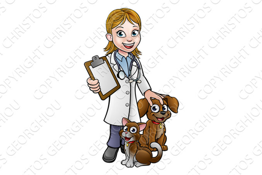 Cartoon Veterinarian Character with Cat and Dog | Pre-Designed