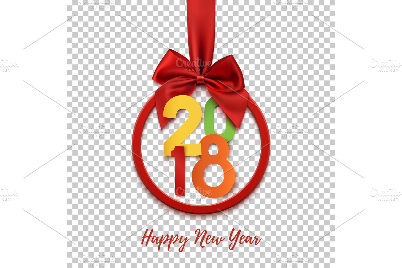 Happy New Year 2018 round banner with red ribbon and bow. | Pre