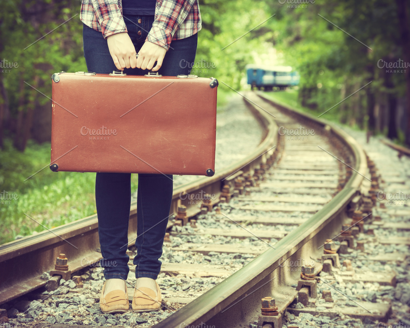 Girl with old suitcase on railway | Transportation Stock Photos ...