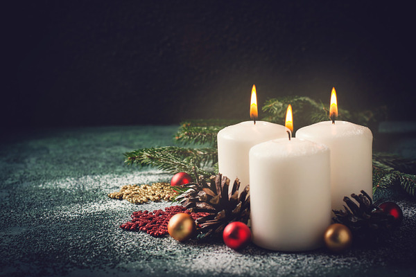 Three Christmas Burning Candles And Decorations On Dark Background High Quality Holiday Stock Photos Creative Market