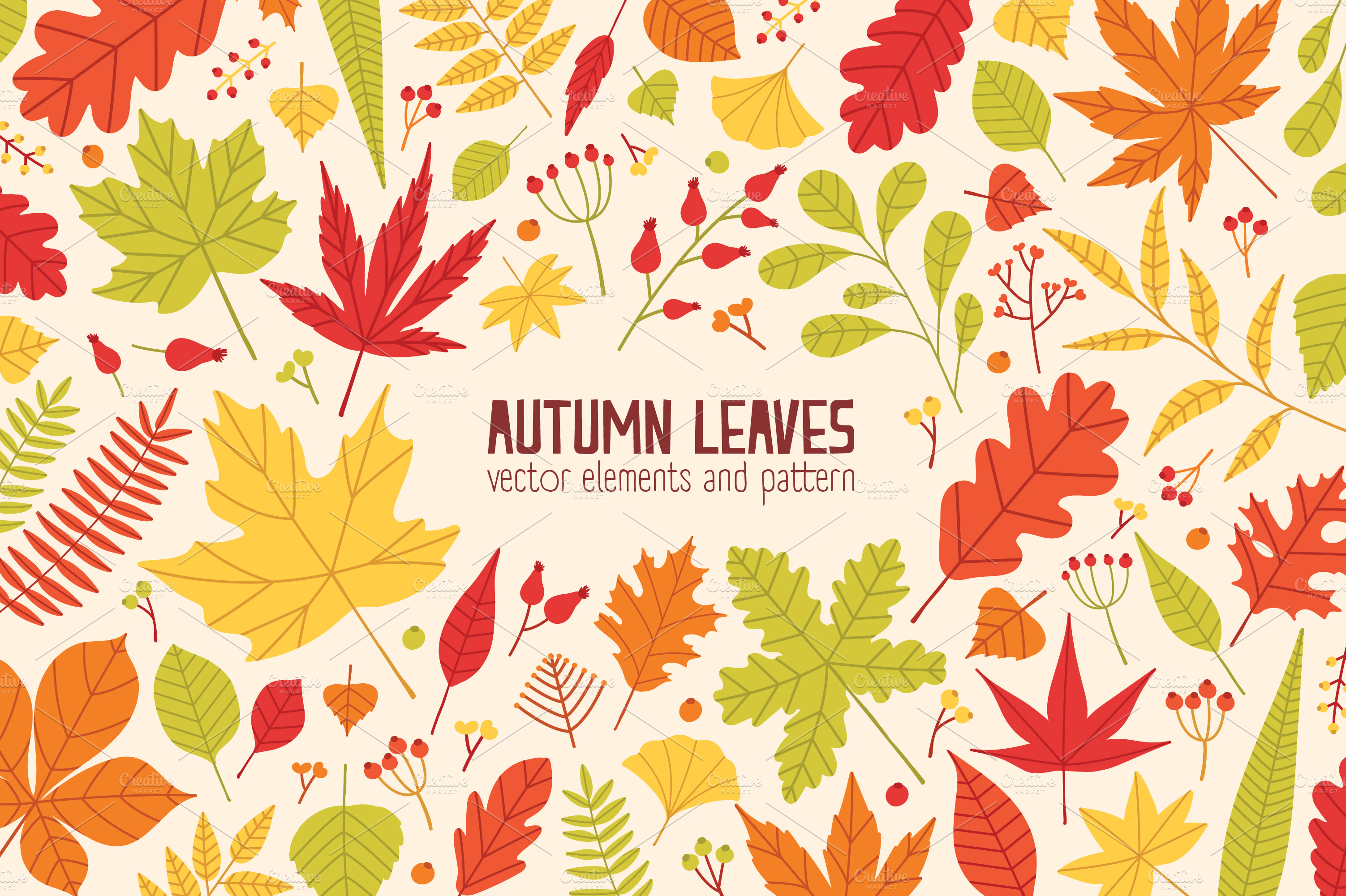 Set and pattern autumn tree leaves | Decorative Illustrations ...