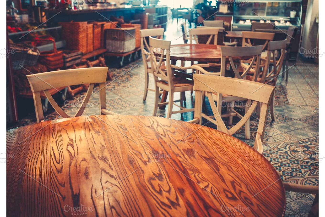 Modern simple cafe interior with wooden furniture stock photo