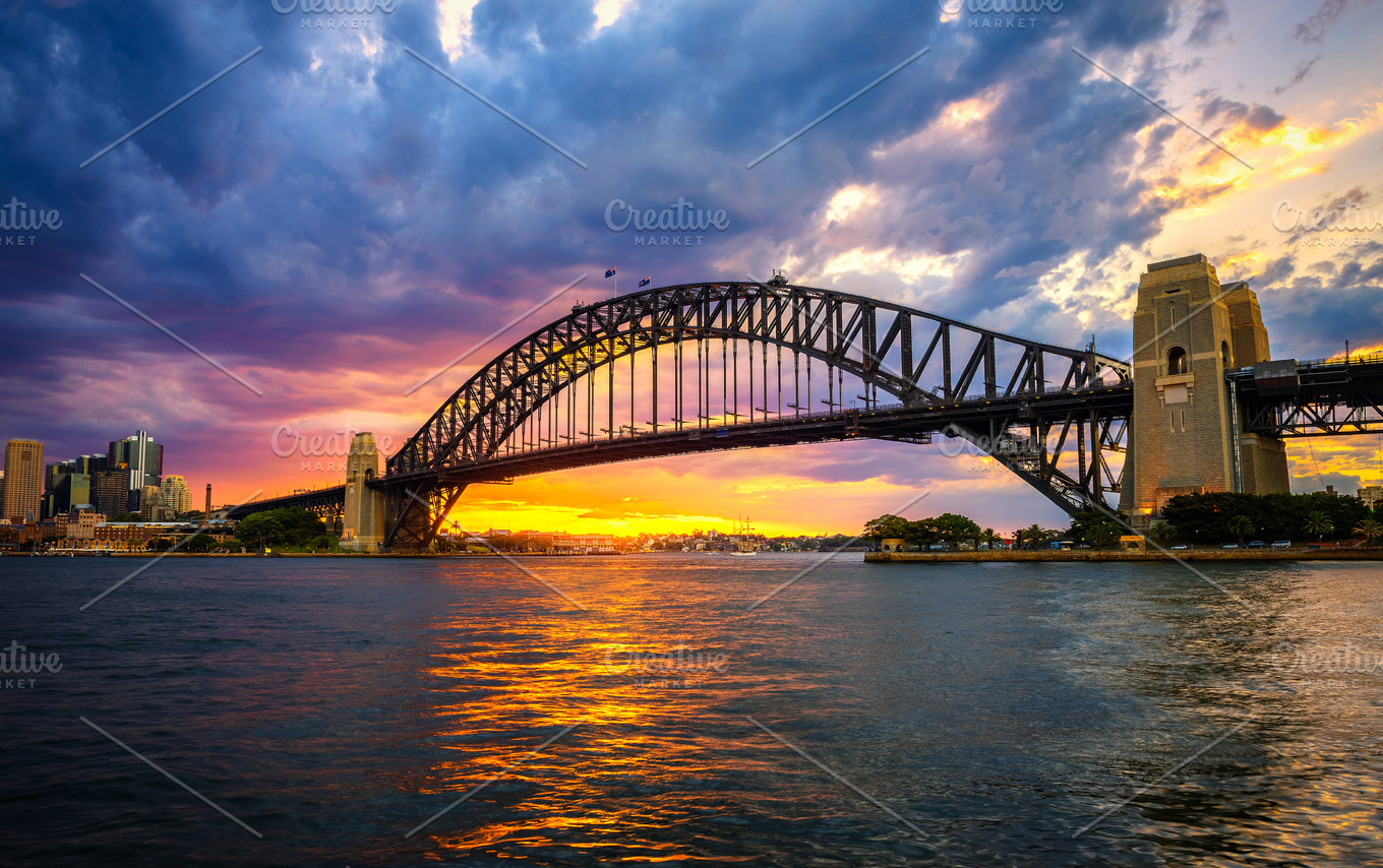 Sunset Above Harbour Bridge In Sydney | High Quality Architecture Stock