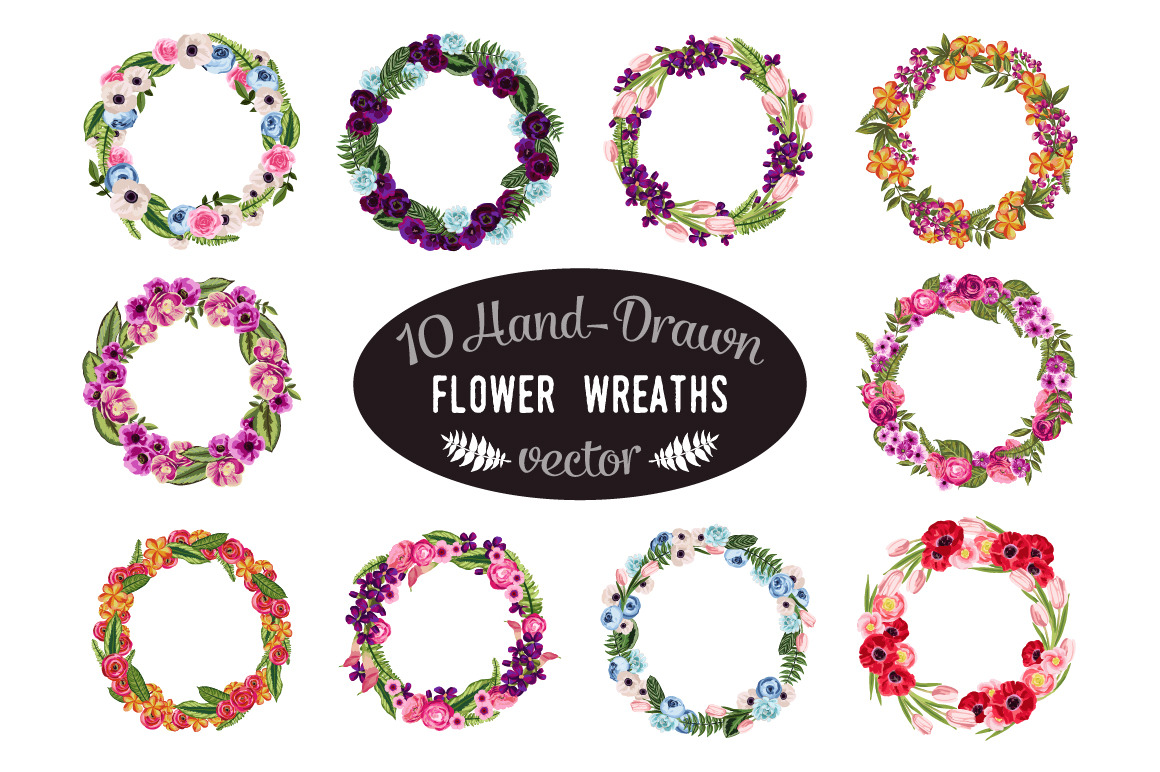 10 Hand-Drawn Flower Wreaths | Pre-Designed Illustrator Graphics