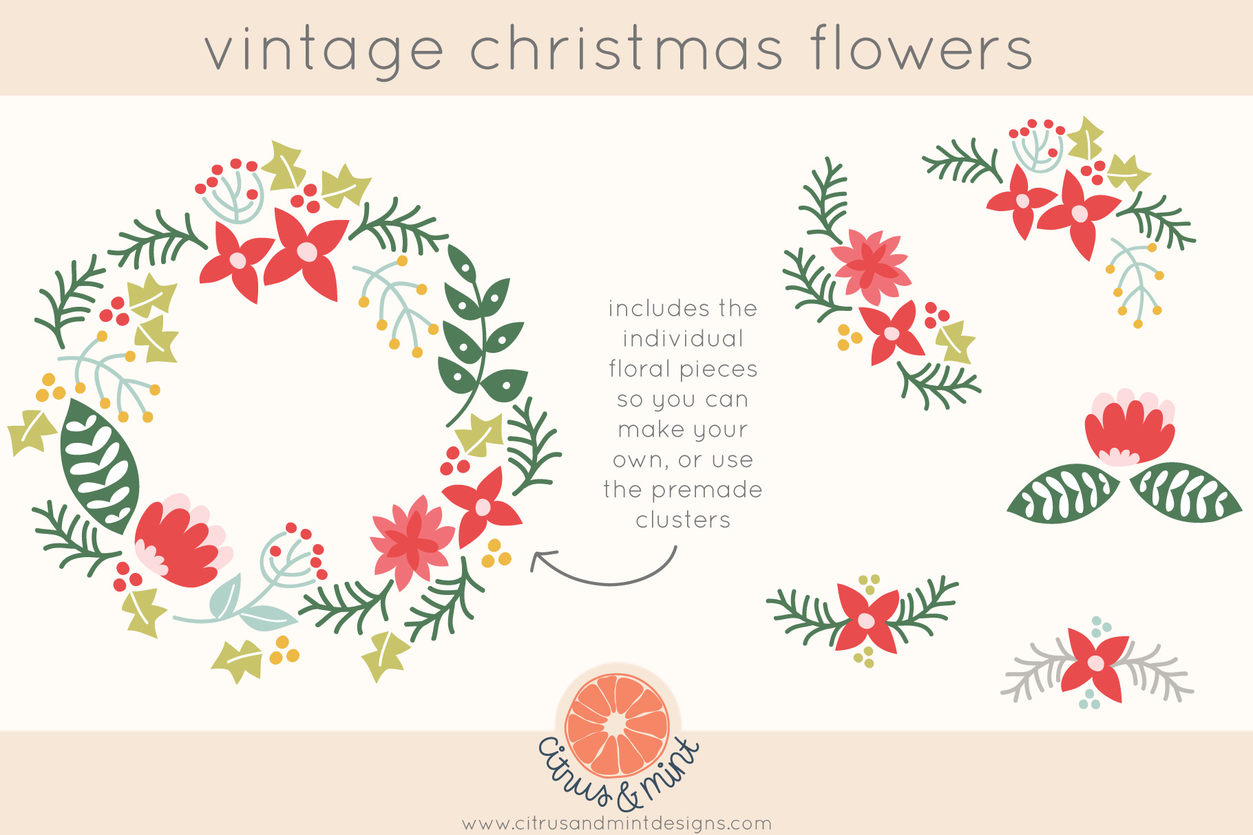 Download Vintage Christmas Wreath And Flowers Custom Designed Illustrations Creative Market