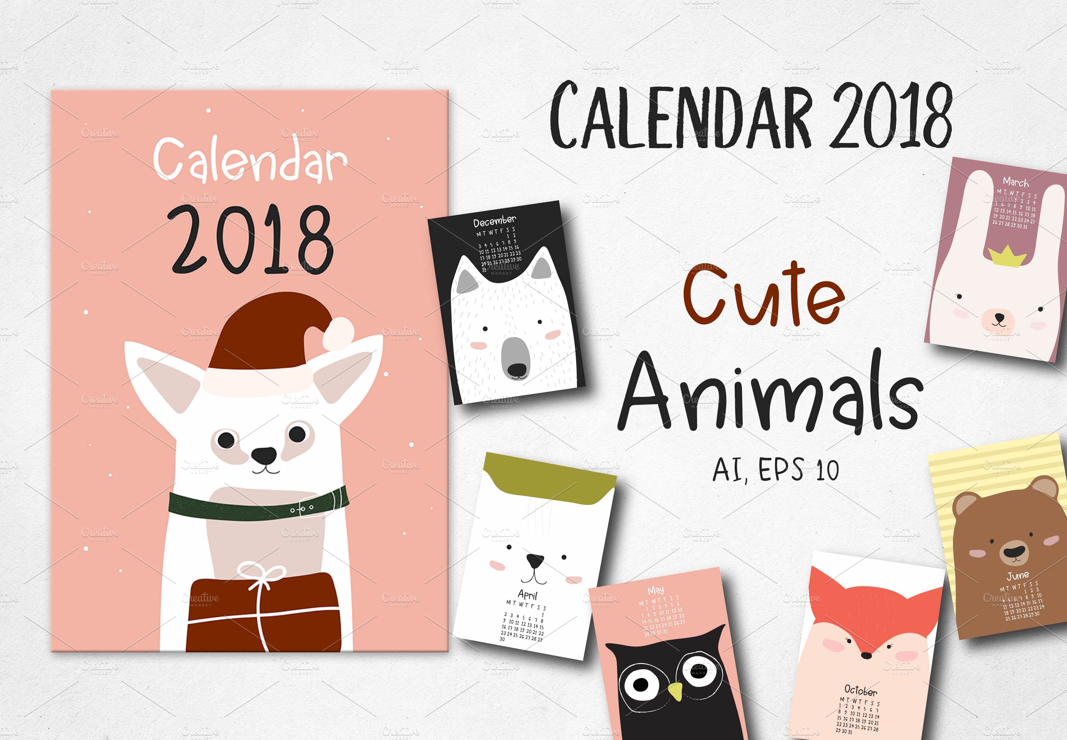 Cute Animals Calendar 18 Pre Designed Illustrator Graphics Creative Market