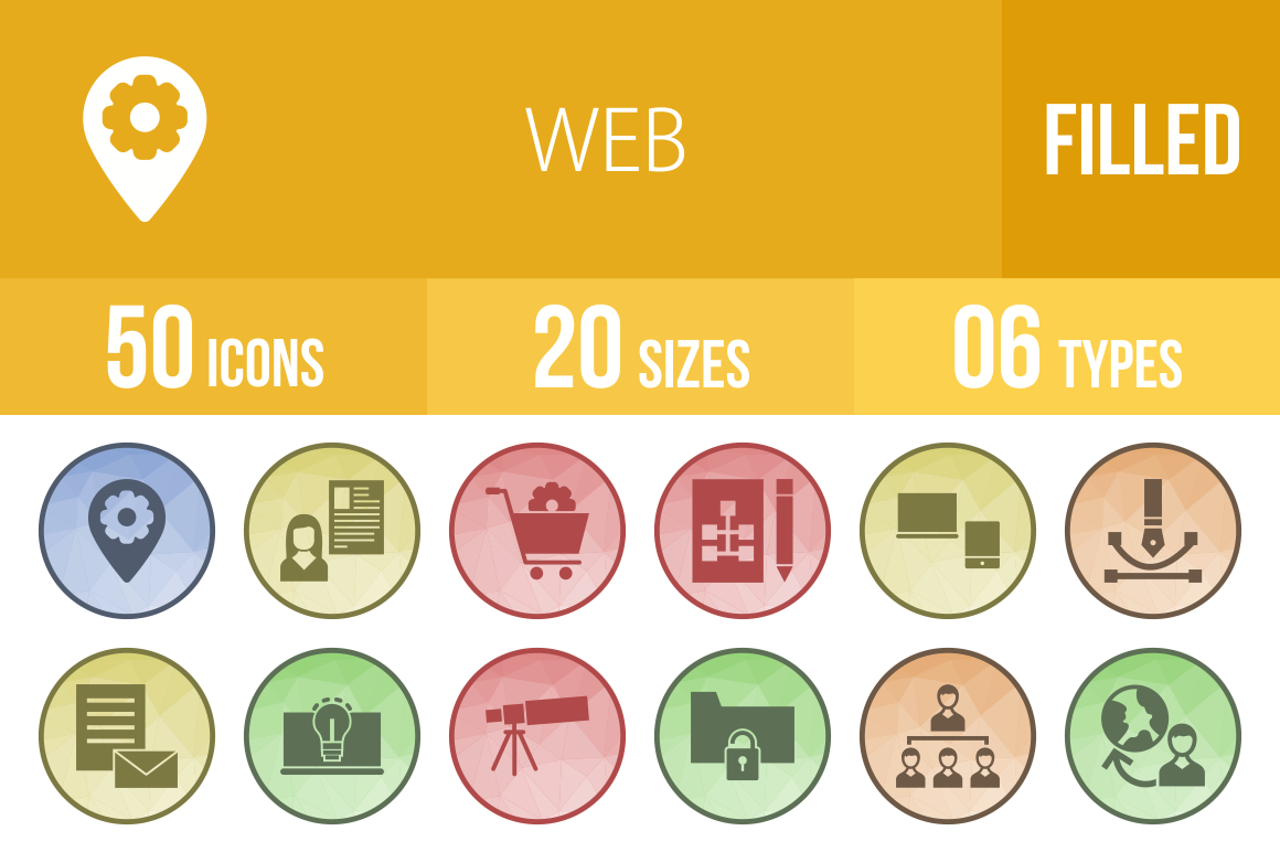 50 Web Filled Low Poly Icons | Pre-Designed Illustrator Graphics