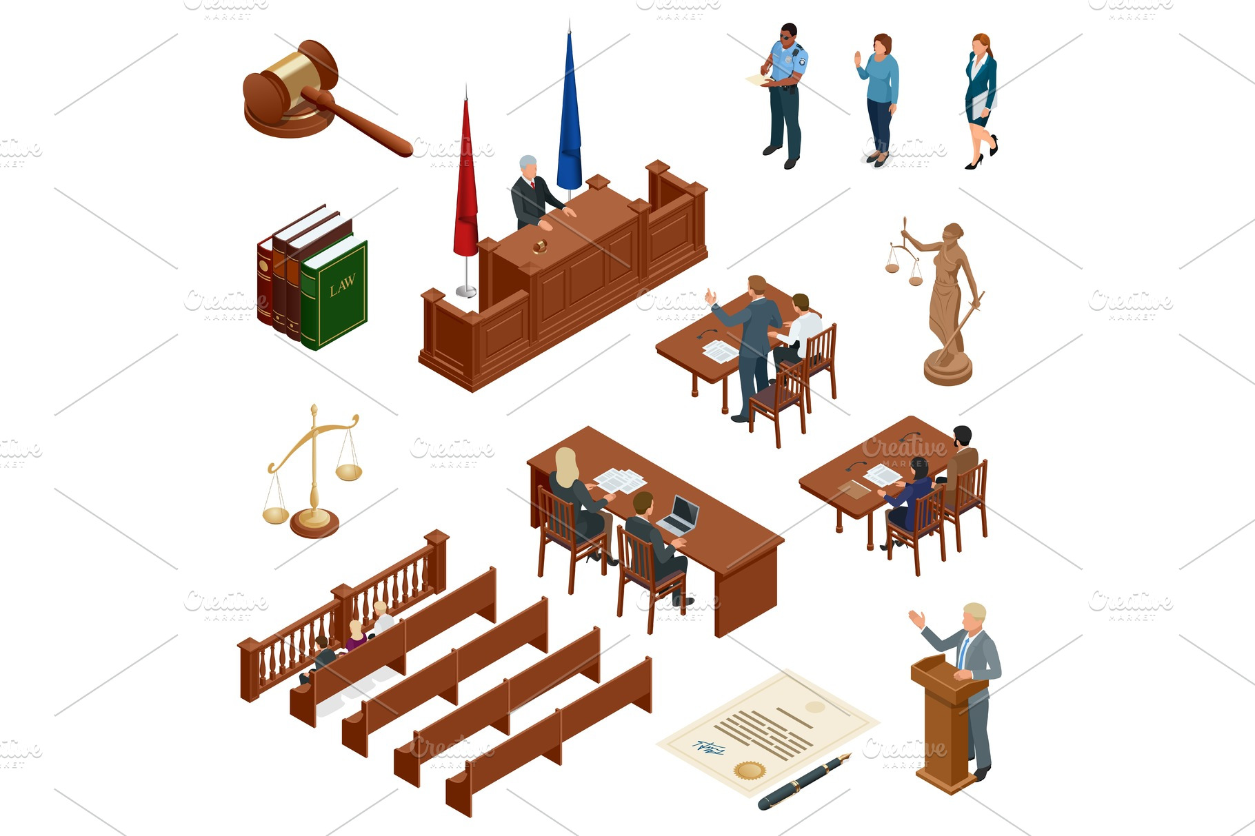 isometric-law-and-justice-symbols-of-legal-regulations-juridical-icons-set-legal-juridical