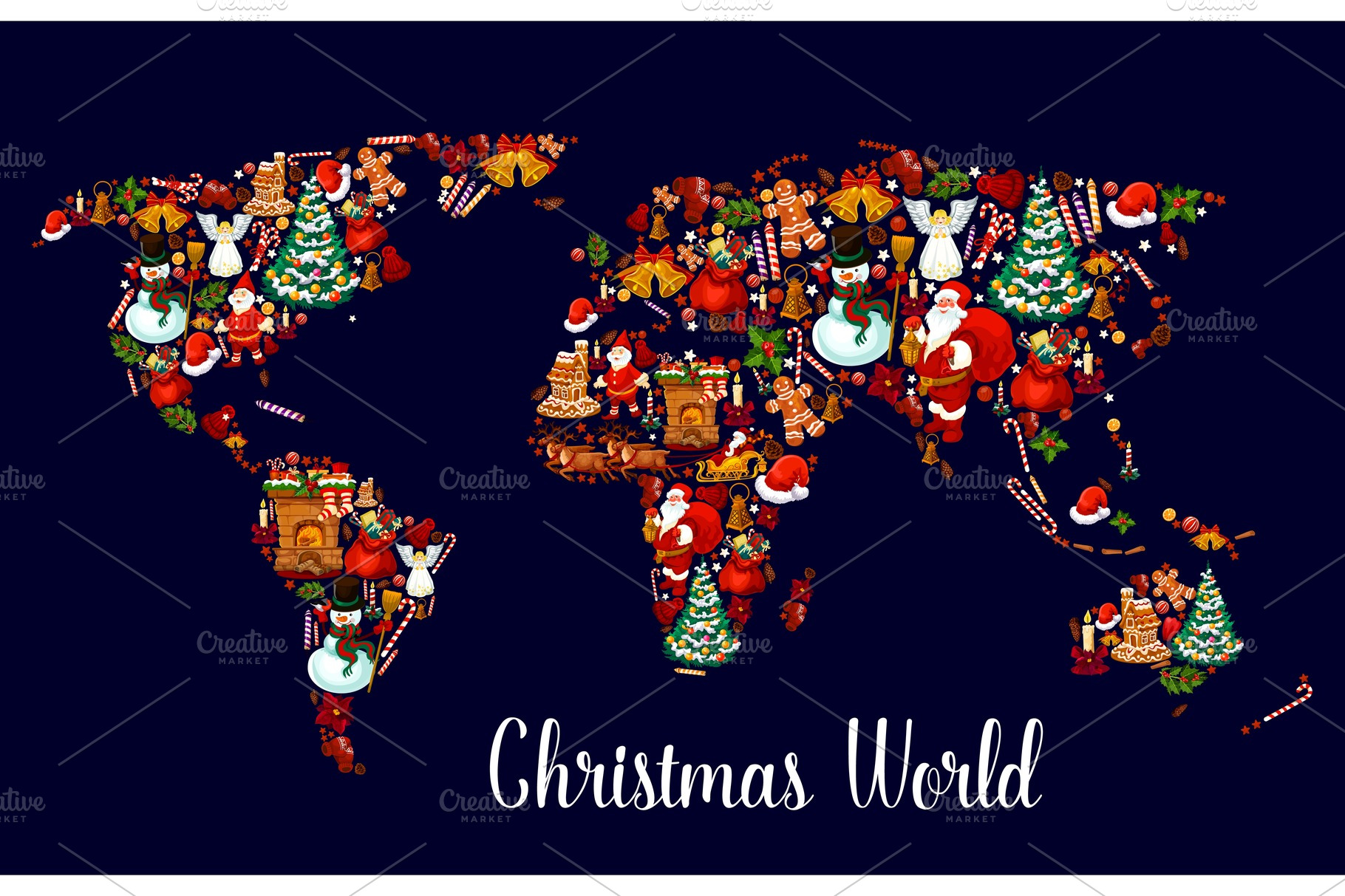 Christmas world map with New Year holiday symbols Illustrations