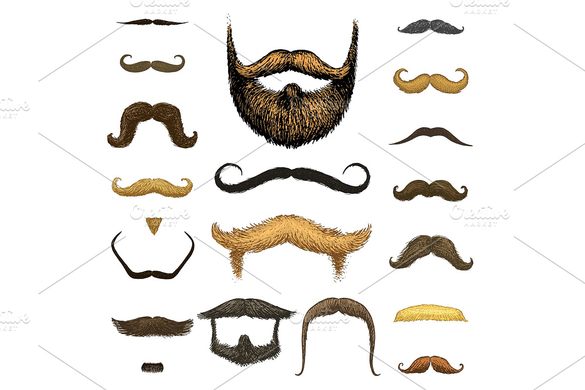 Set of mustache and funny beard of men, hipster and retro barber or