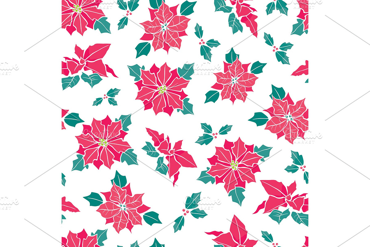 Vector red on white poinsettia flower and holly berry