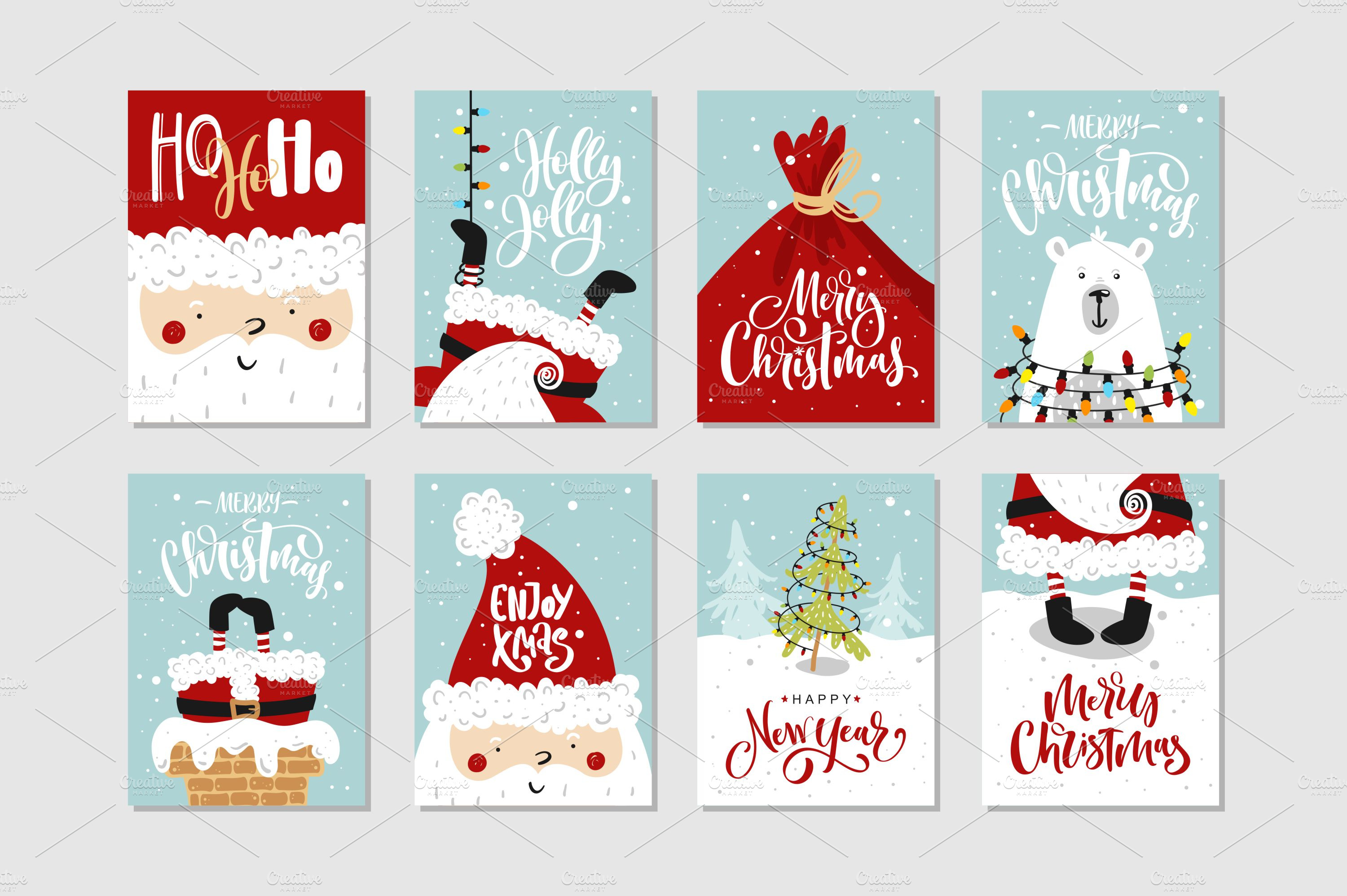 Christmas cards set with lettering | Decorative Illustrations ...