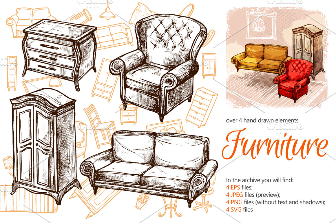 Furniture Sketch Set Illustrator Graphics Creative Market