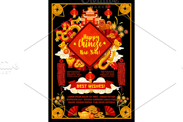 Chinese lunar New Year symbols vector poster | Pre-Designed Illustrator