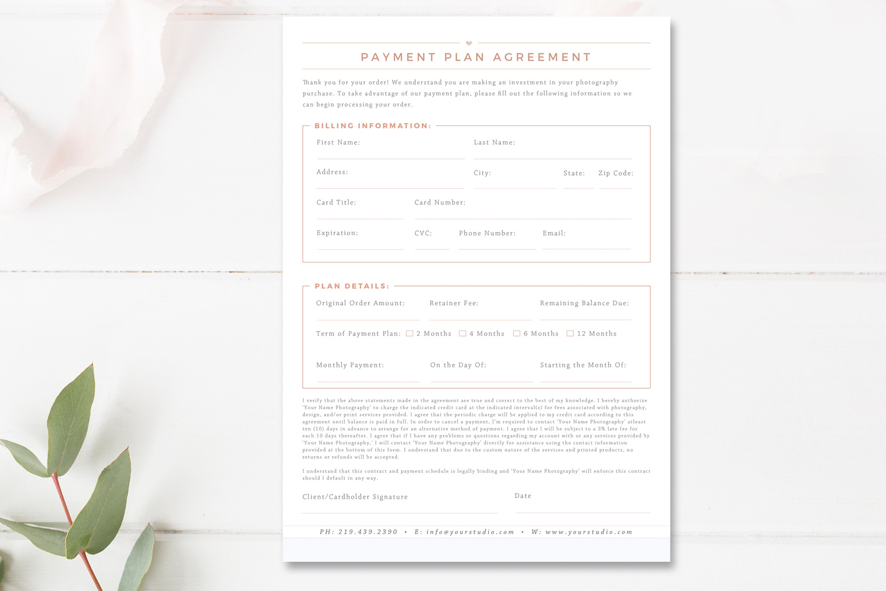 Photography Payment Plan Form Creative Photoshop Templates Creative Market