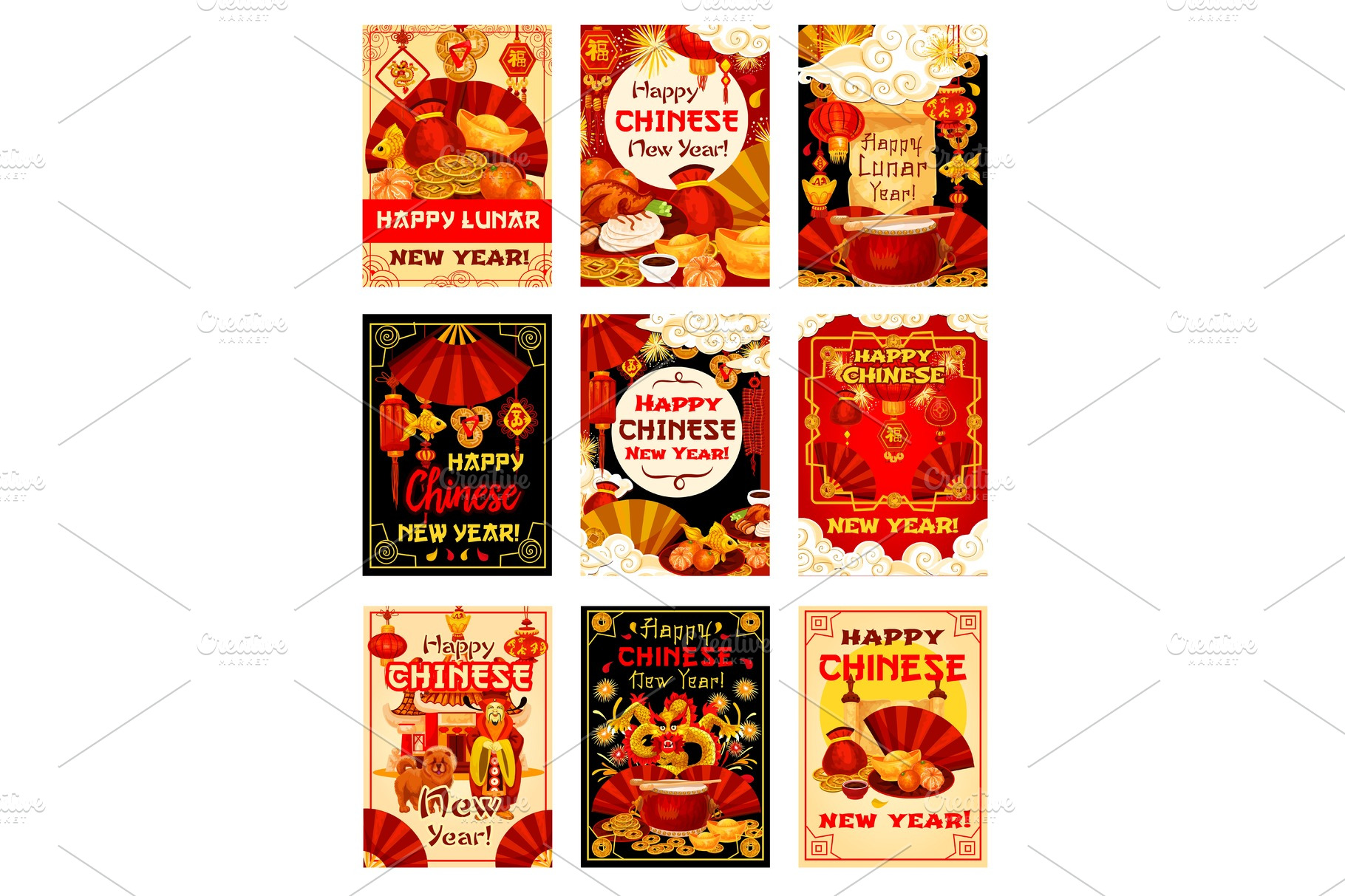 Chinese New Year vector traditional greeting cards | Illustrator