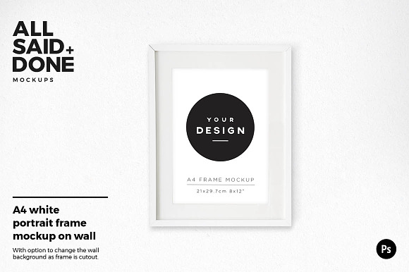 Download A4 White Portrait Frame On Wall Creative Photoshop Templates Creative Market PSD Mockup Templates