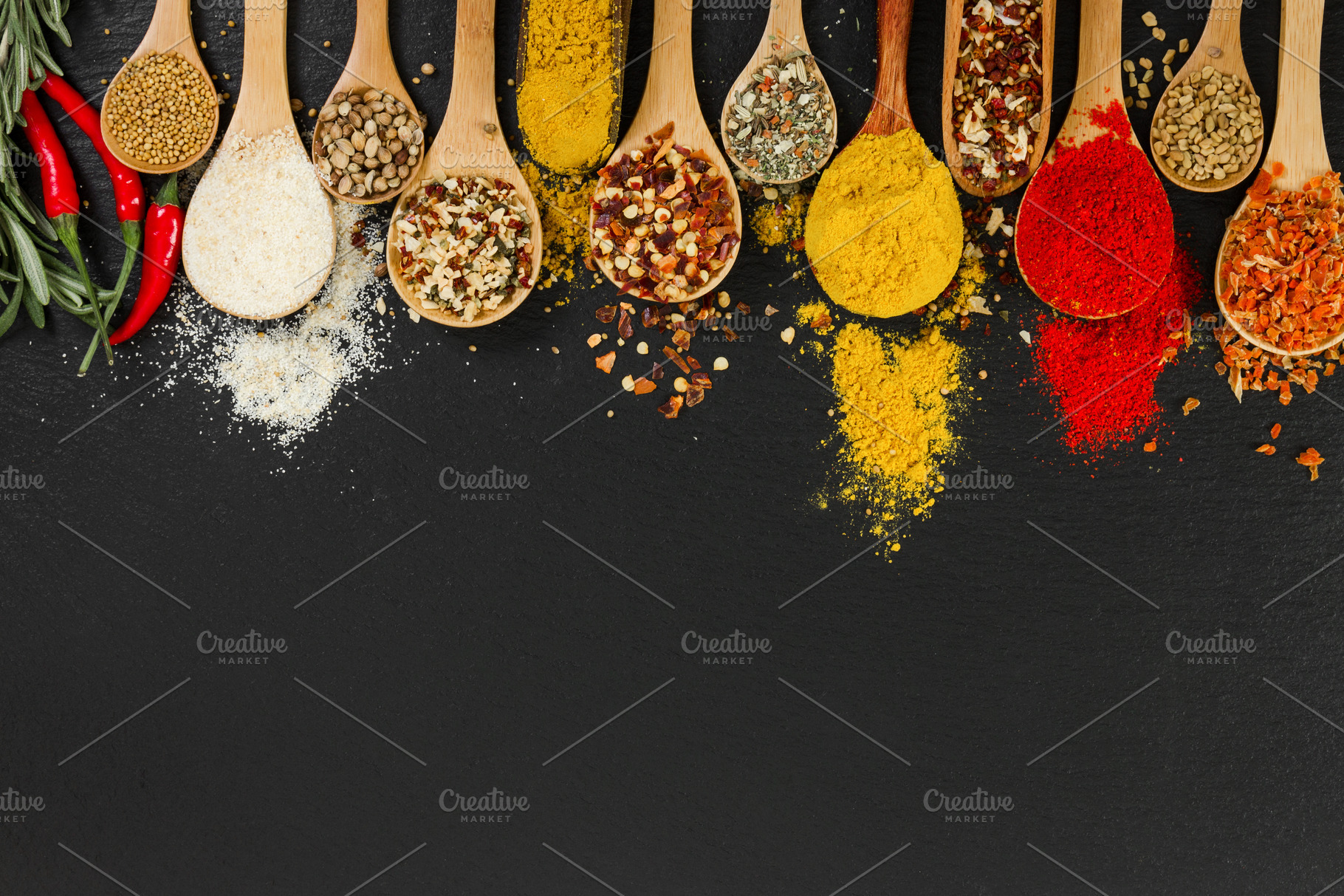 Assortment Of Colorful Spices In The Wooden Spoons On The White