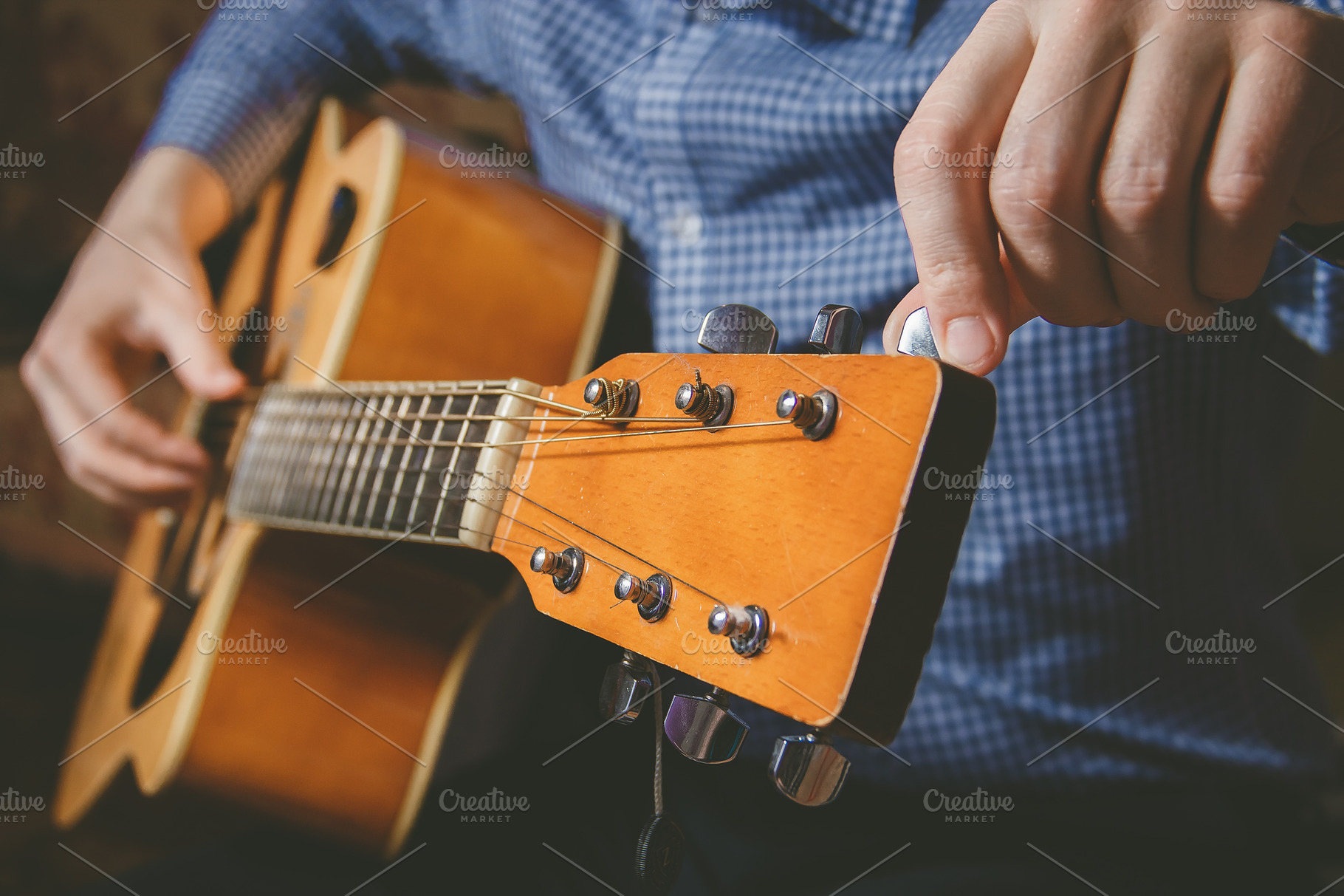 Close Up Of Guitarist Hand Playing Guitar Featuring Acoustic Guitar And High Quality People Images Creative Market