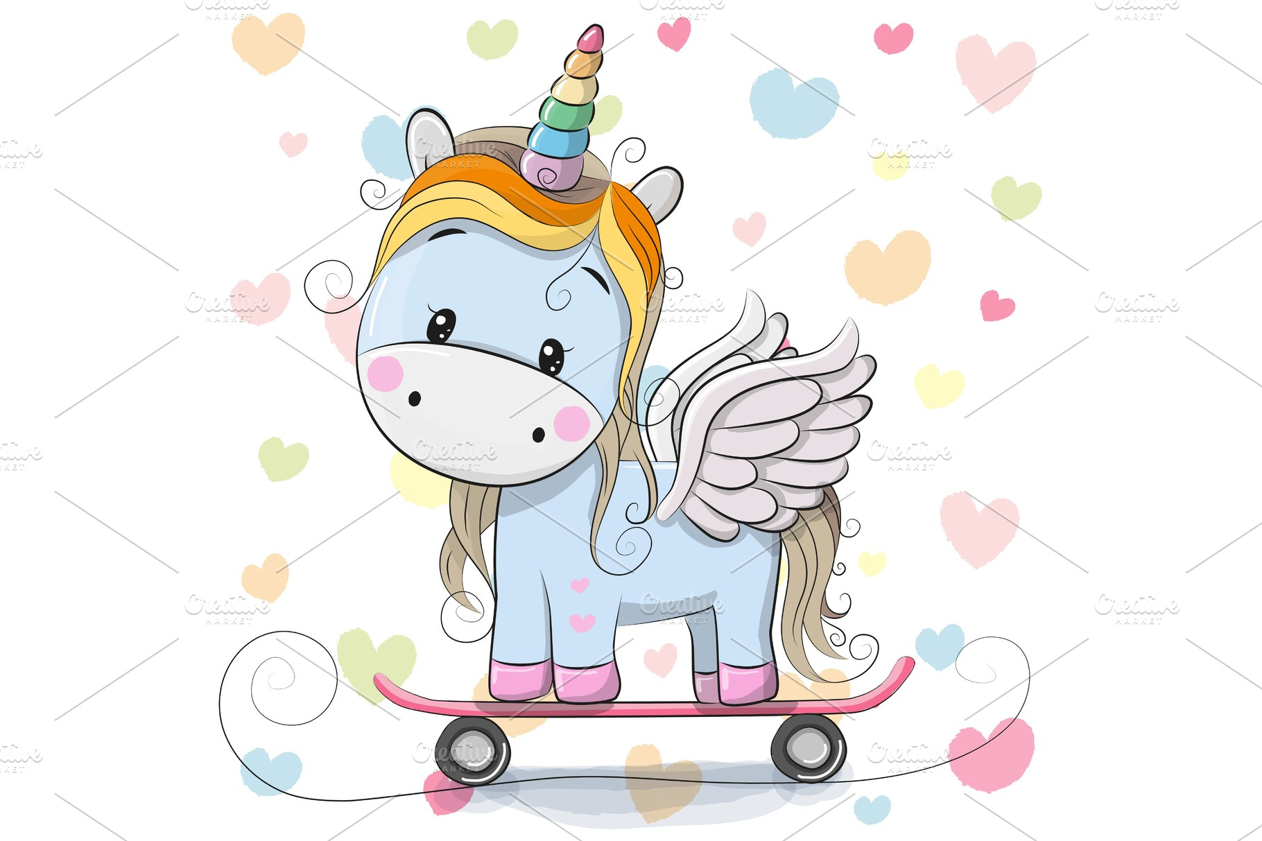 Cute Cartoon Blue Unicorn | Pre-Designed Vector Graphics ~ Creative Market