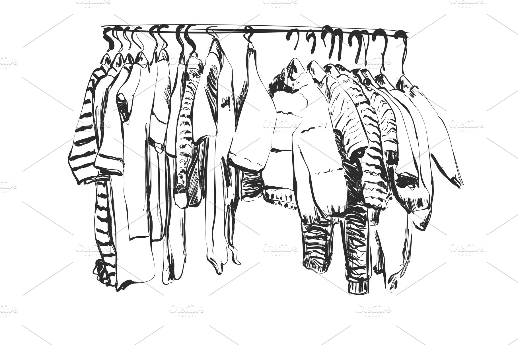 Hand Drawn Wardrobe Sketch. Baby Clothes on Hungers. Dress Stock