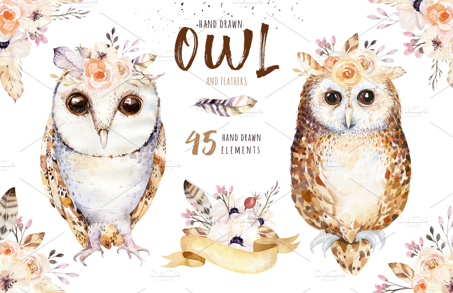 Watercolor cute owls II | Animal Illustrations ~ Creative Market