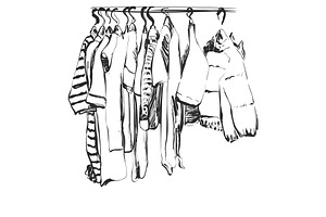 Hand Drawn Wardrobe Sketch. Baby Clothes on Hungers Stock Vector