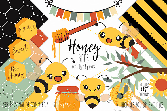 Bee digital paper Honey Bumble bee gnomes pattern