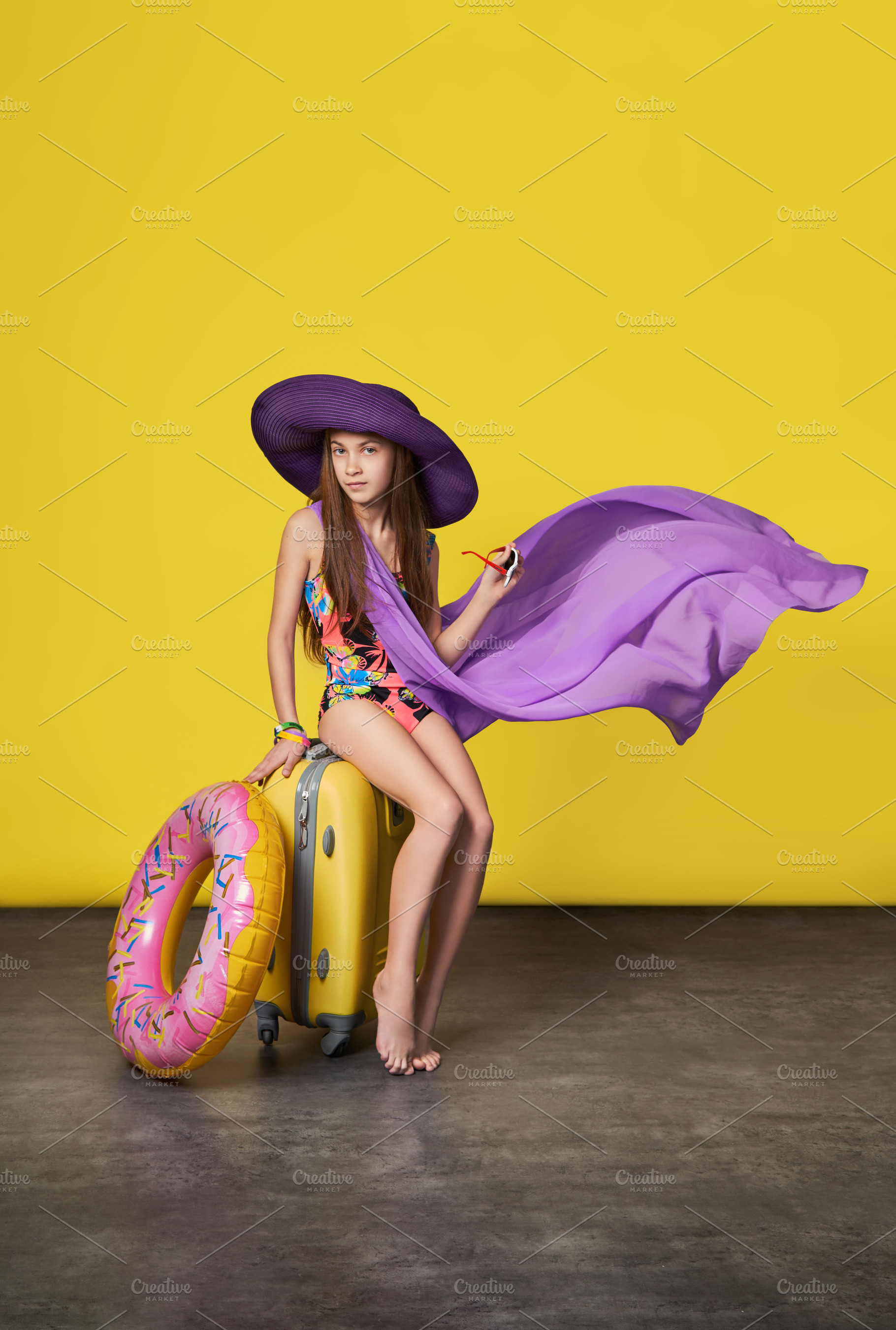 Stunning Girl Model In A Colorful Bikini Hat Pareo With A Suitcase Fashion Teenager Woman In 