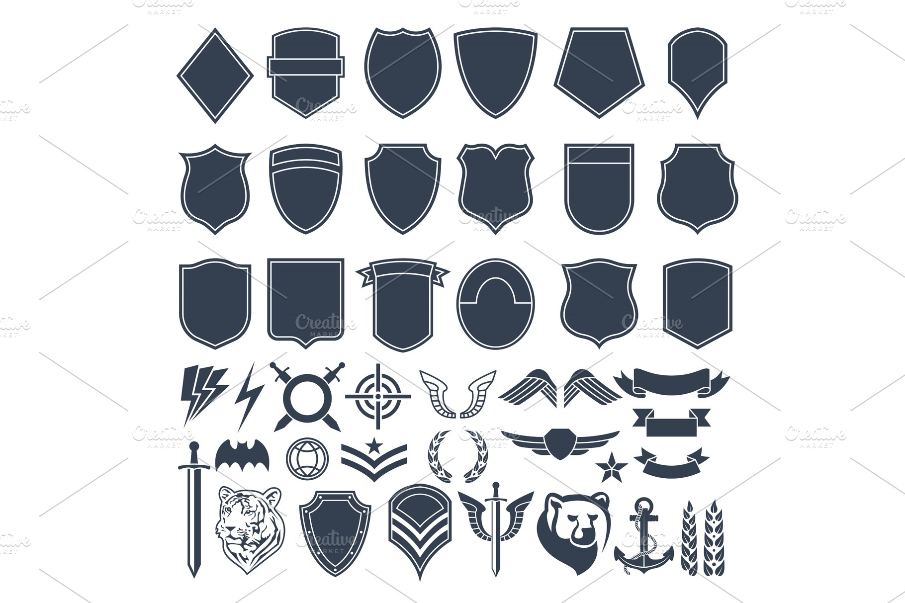 Set of empty shapes for military badges. Army monochrome symbols | Pre