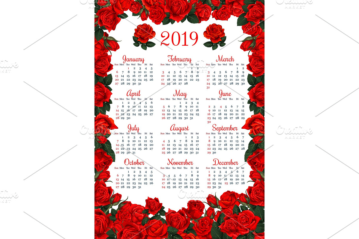 Floral calendar template in red rose flower frame | Pre-Designed Vector ...