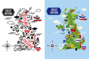 Cartoon Maps Of Britain For Child Pre Designed Illustrator Graphics Creative Market Green and blue cartoon world map globe set vector. cartoon maps of britain for child