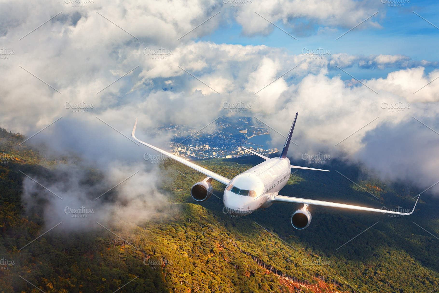 Aerial View Of Aircraft Airplane Is Flying In Clouds Containing