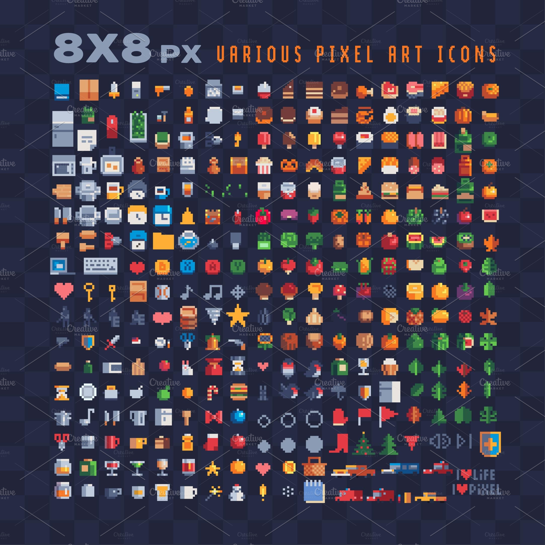 8x8px various pixel art icons set. | Illustrator Graphics ~ Creative Market