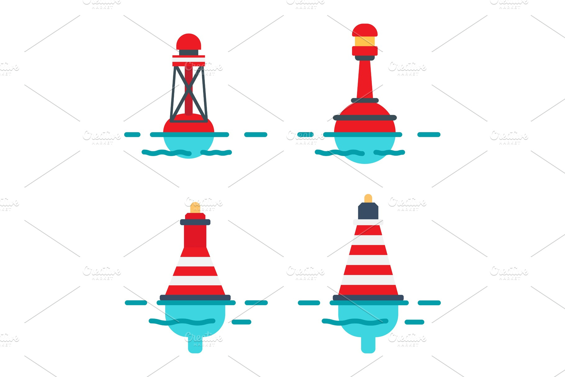 Striped Buoys In Water Isolated Illustrations Set Object