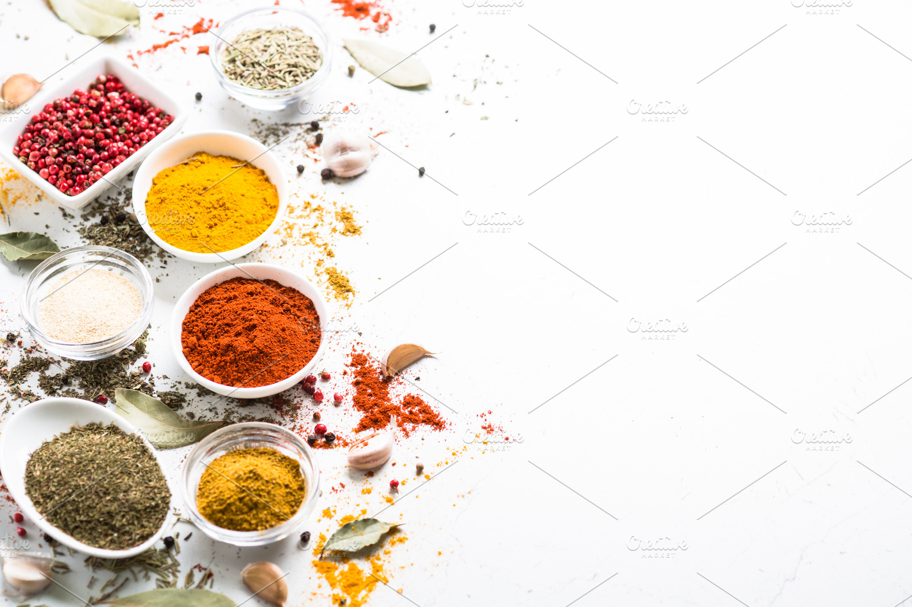 Assortment Of Herbs And Spices For Cooking Isolated On A White