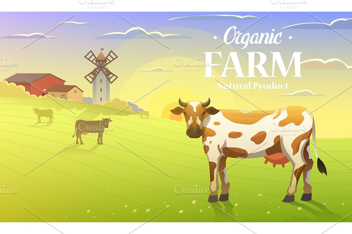 Rural landscape and cows. Farm Agriculture. Vector illustration. Poster ...