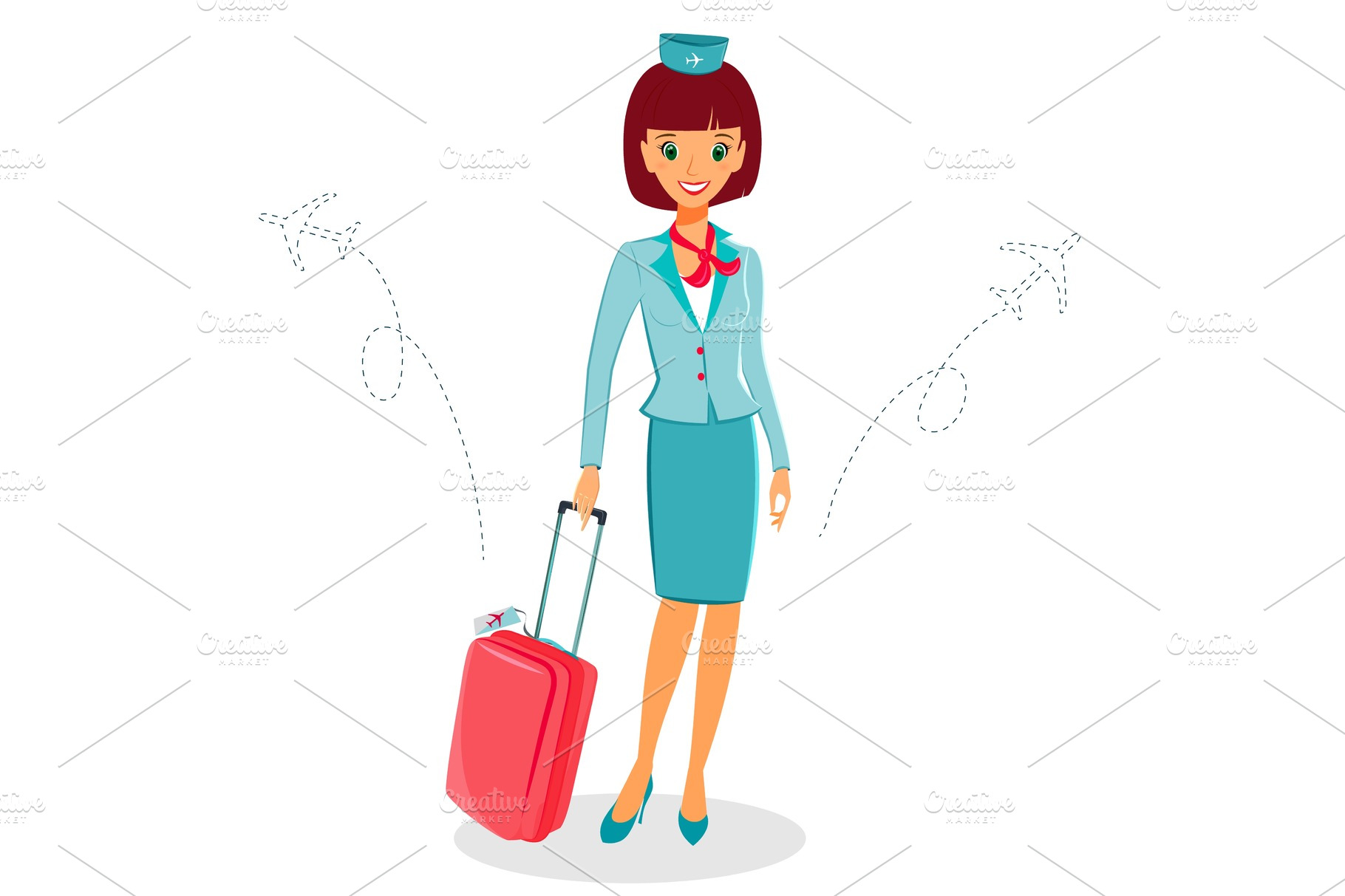 Cheerful cartoon flight attendant in uniform with suitcase | Pre