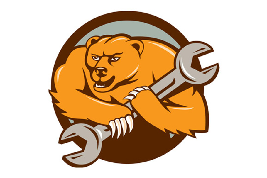 Grizzly Bear Mechanic Spanner Shield | Pre-Designed Illustrator ...