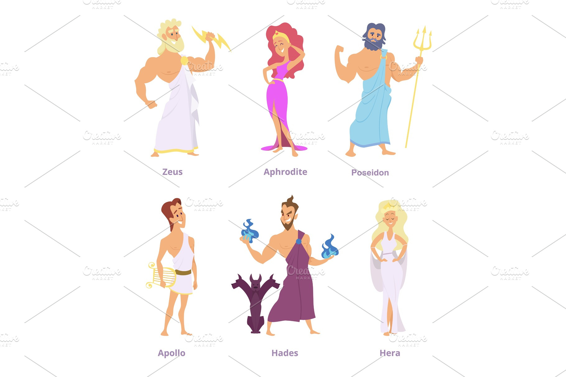 Ancient greek mythology. The gods and goddesses of olympus. Cartoon