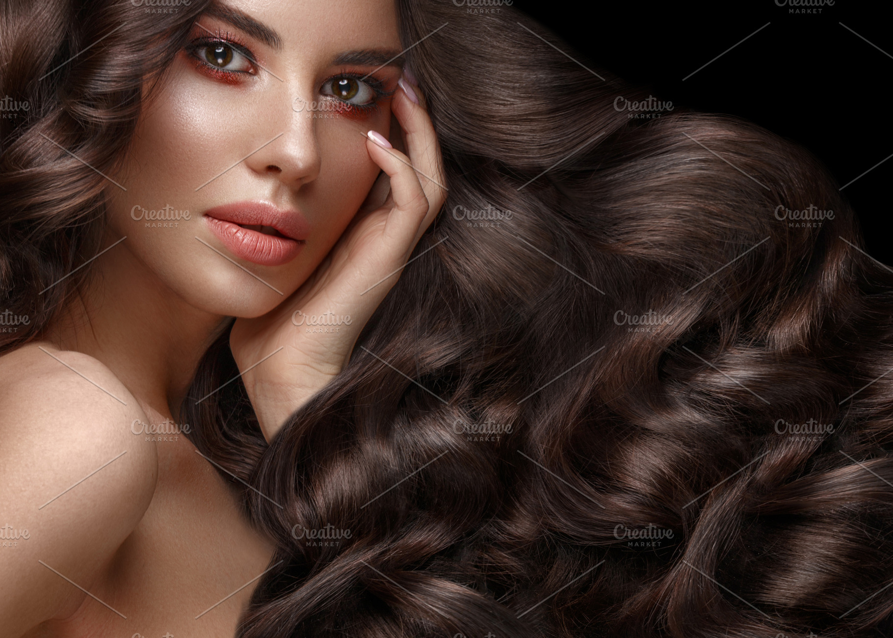 Beautiful Brunette Model Curls Classic Makeup And Full Lips The Beauty