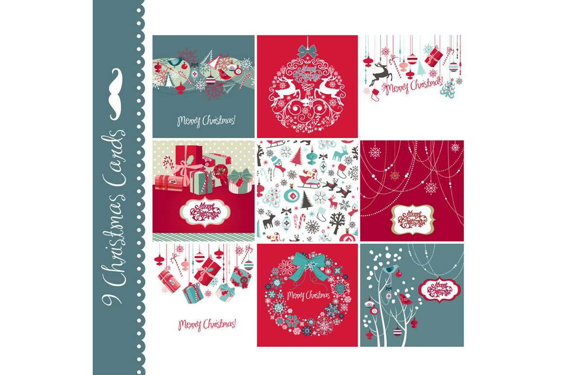 9 Christmas hand drawn cards | Pre-Designed Illustrator Graphics