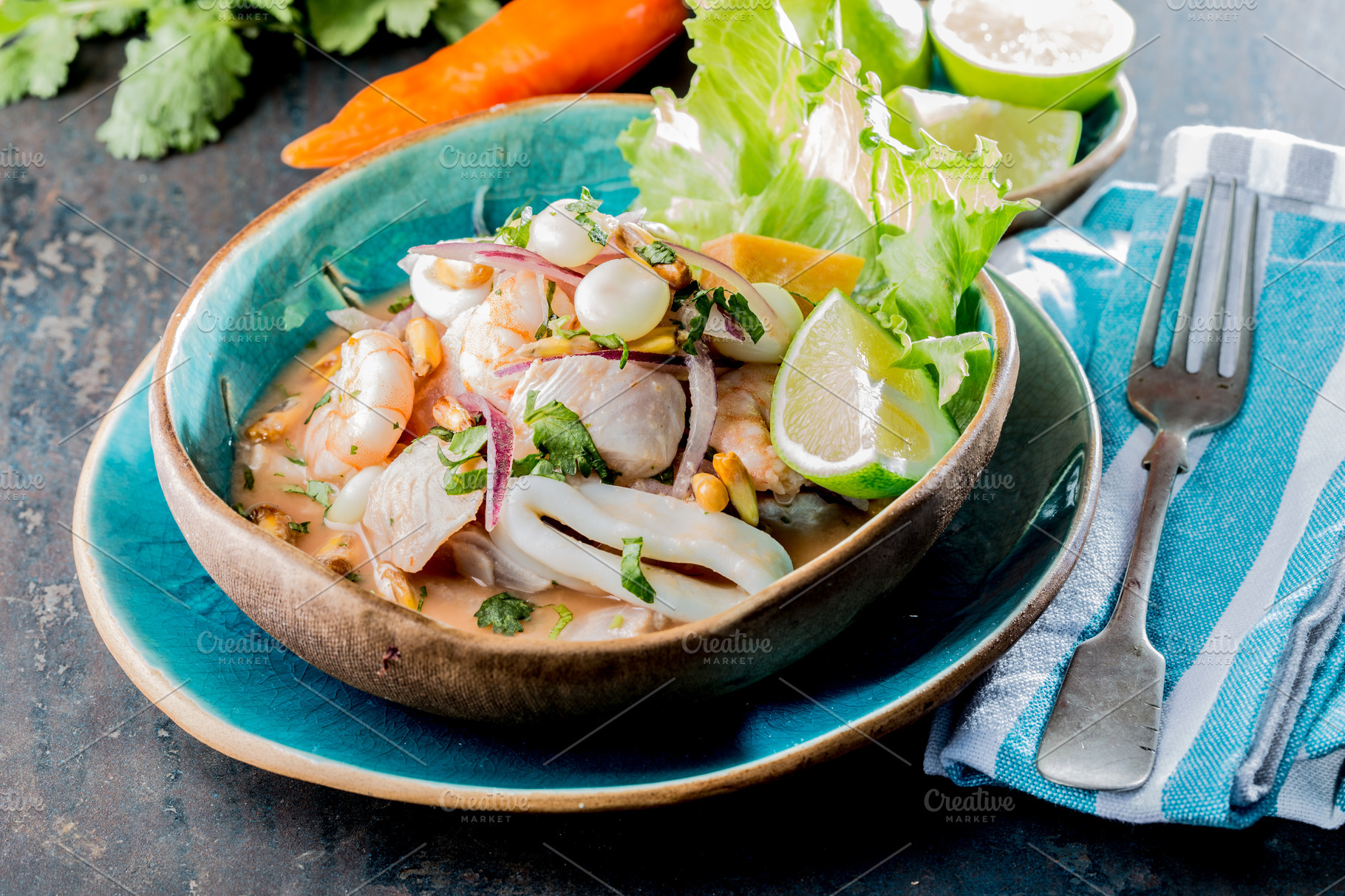 Peruvian ceviche sebiche peruvian seafood and fish sebiche with maize ...