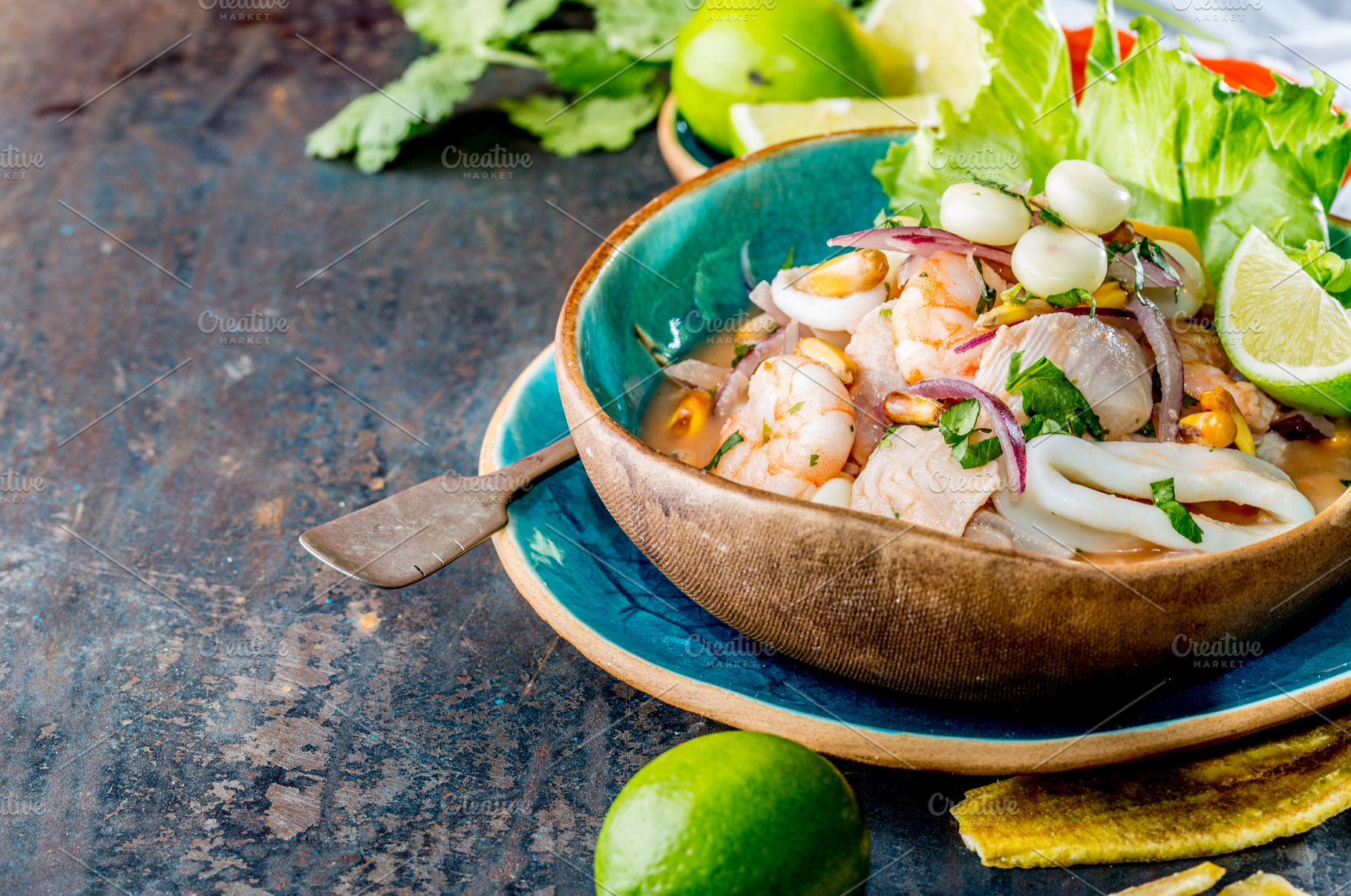 Peruvian ceviche sebiche peruvian seafood and fish sebiche with maize ...