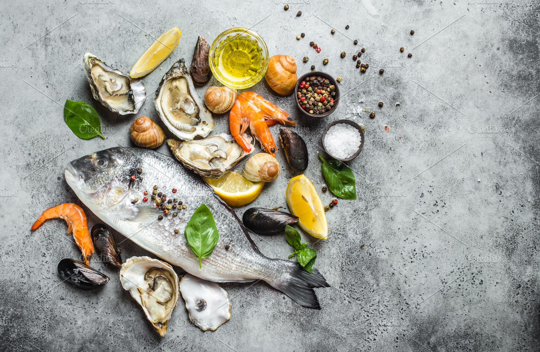 Dorado fish on cutting board.  Food Images ~ Creative Market