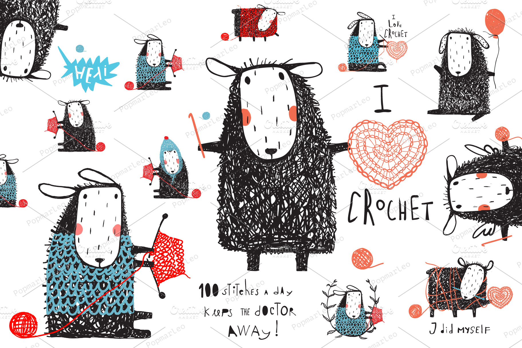 Knit and Crochet Crafty Sheep Bundle | Animal Illustrations ~ Creative ...